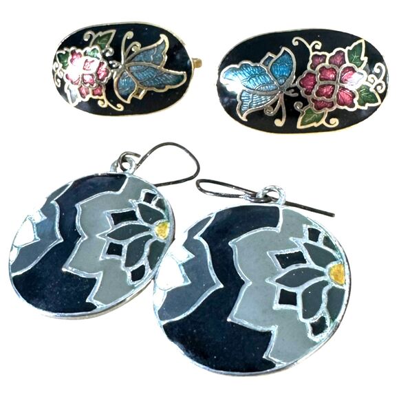 Vintage Cloisonne Floral Butterfly Earrings Lot of two pairs - Picture 1 of 4